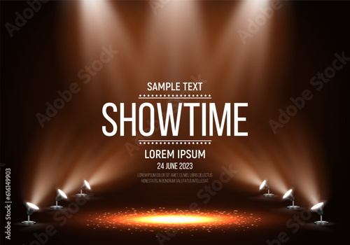 Spotlights. Scene for presentation illuminated by spotlights. Vector illustration.