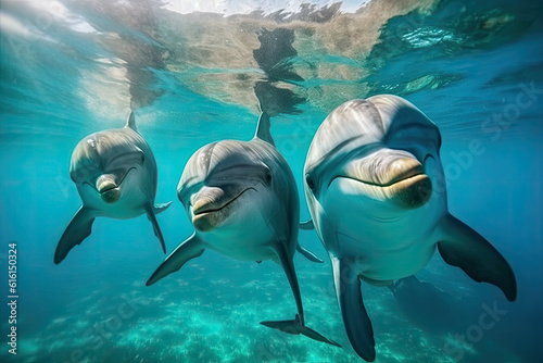 Dolphins swimming underwater shot Generative AI © Valentin