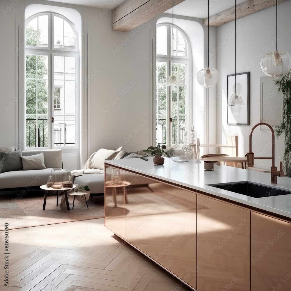 Modern, open-concept living room and kitchen that exudes Scandinavian charm. Generative AI Modern, open-concept living room and kitchen that exudes Scandinavian charm. Generative AI
