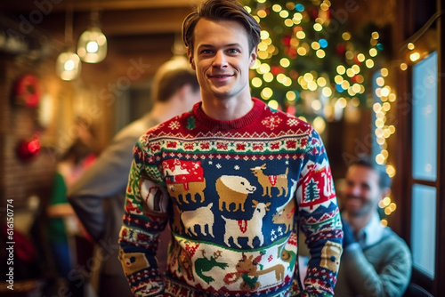 man in funny and ugly Christmas sweater photo