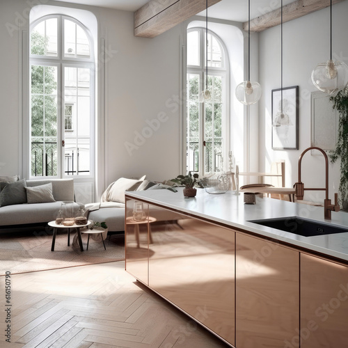 Modern, open-concept living room and kitchen that exudes Scandinavian charm. Generative AI