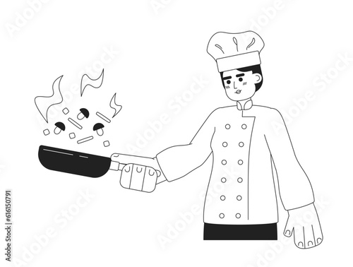 Woman in chef hat with pan monochromatic flat vector character. Editable thin line half body caucasian female flipping vegetables on white. Simple bw cartoon spot image for web graphic design