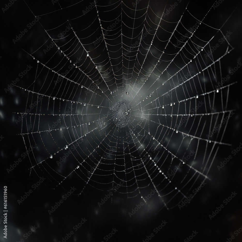 Naklejka premium Realistic spider net on black background. Generative AI.