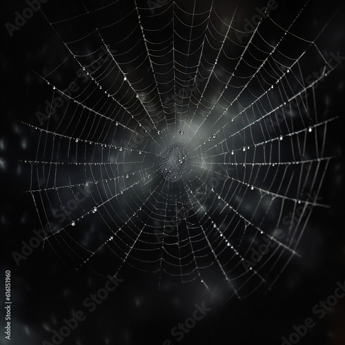 Realistic spider net on black background. Generative AI.