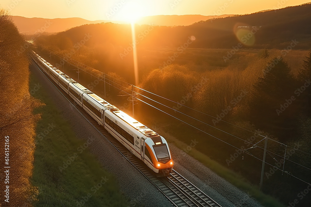 In the background of dusk, high -speed fast train passenger locomotives are in the field of speed movement In the background of dusk, high -speed fast train passenger locomotives are in the field of speed movement