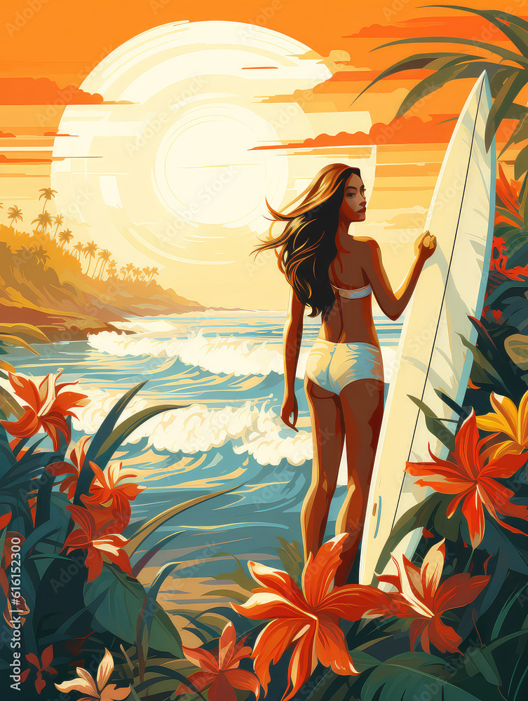 Colorful illustration of a young woman with a surfboard