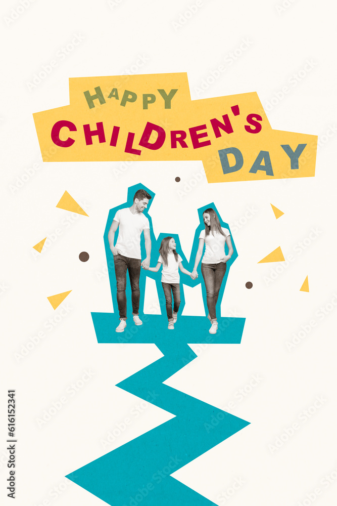 Photo collage artwork minimal picture of smiling charming family mom dad daughter walking together isolated graphical background Photo collage artwork minimal picture of smiling charming family mom dad daughter walking together isolated graphical background