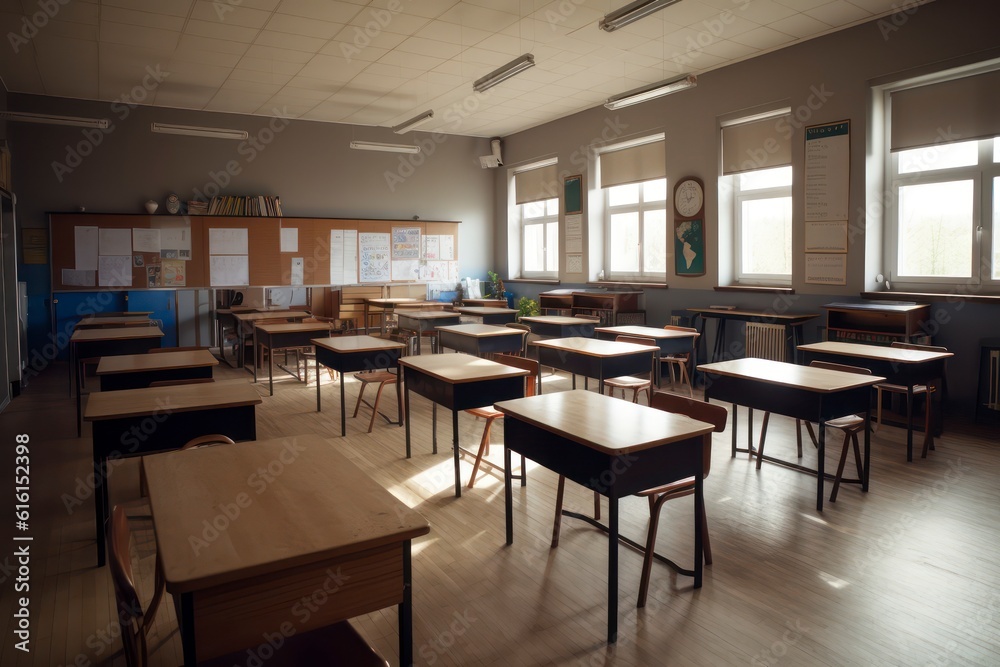 Photo classroom with school desks and greenboardempty school classroom. Generative AI