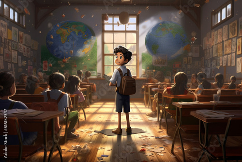 Illustration of young schoolboy stands on the middle of the classroom