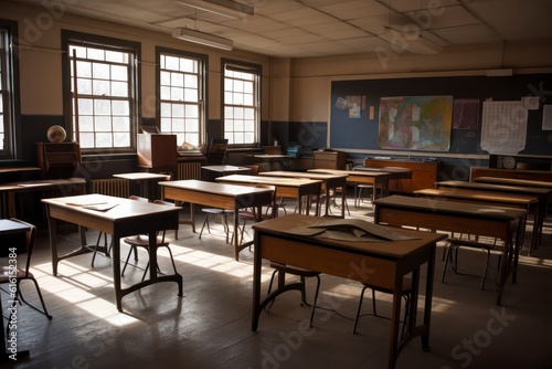 Photo classroom with school desks and greenboardempty school classroom. Generative AI