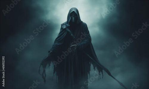 evil night horror hood creepy ghost fear halloween death skeleton. Generative AI.