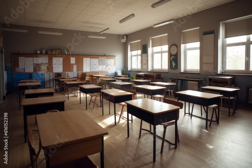 Photo classroom with school desks and greenboardempty school classroom. Generative AI