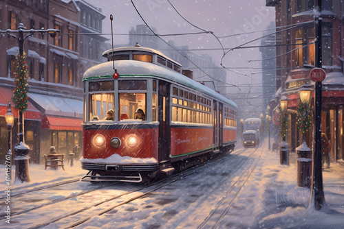 Illustration of a retro streetcar on a city street in winter