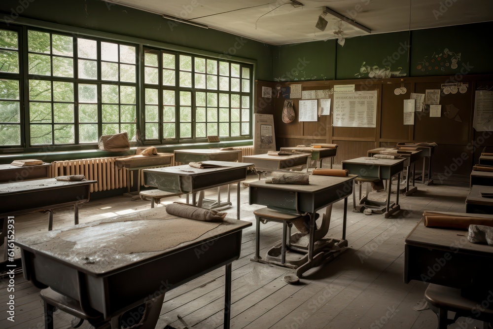 Photo classroom with school desks and greenboardempty school classroom. Generative AI