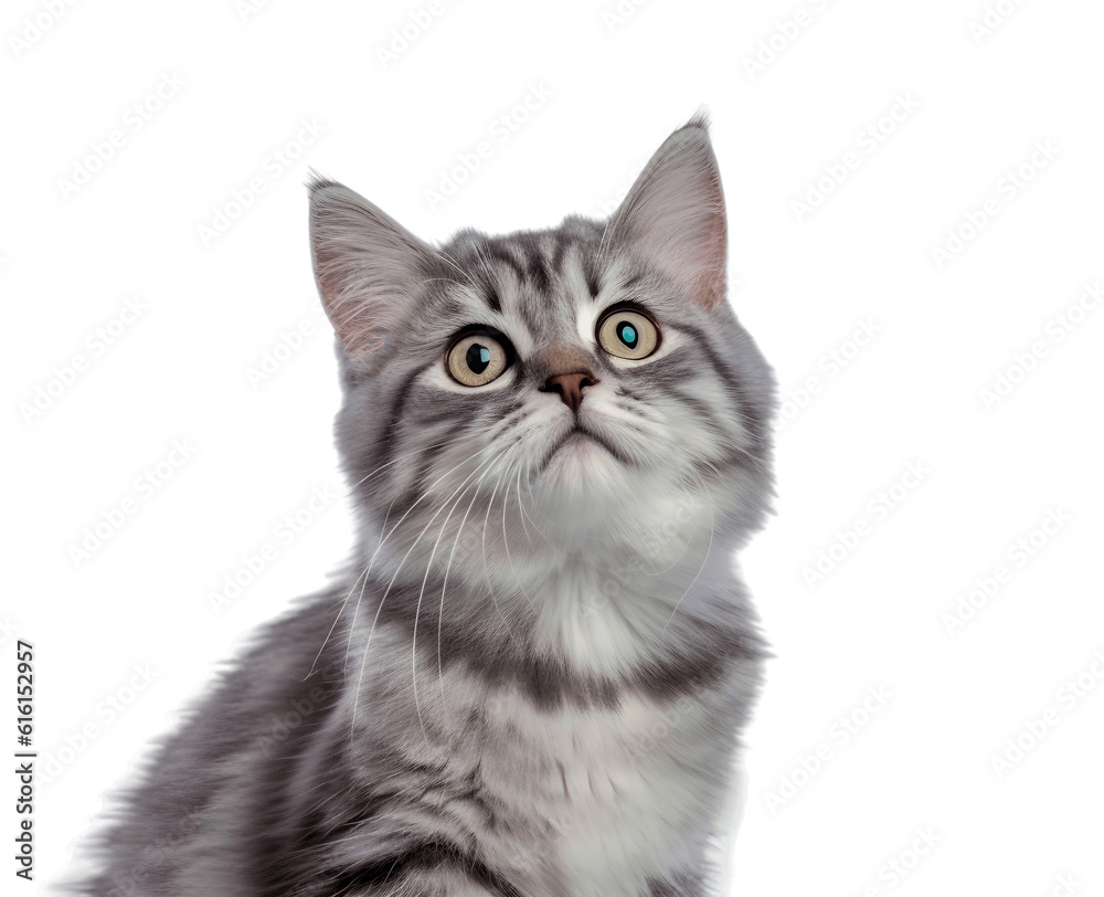 Tabby cat smiling with surprised expression isolated on a white background, Generative AI