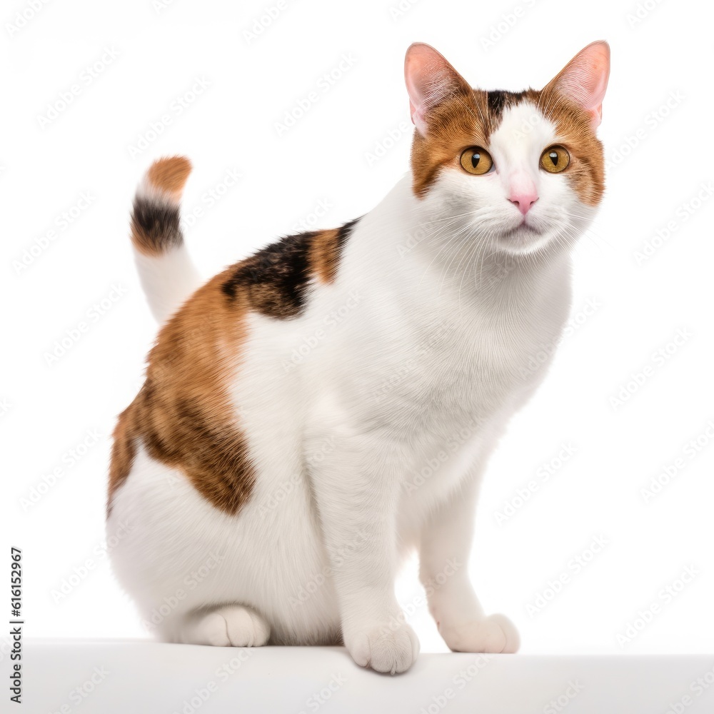 Japanese Bobtail cat isolated on white background. Generative AI