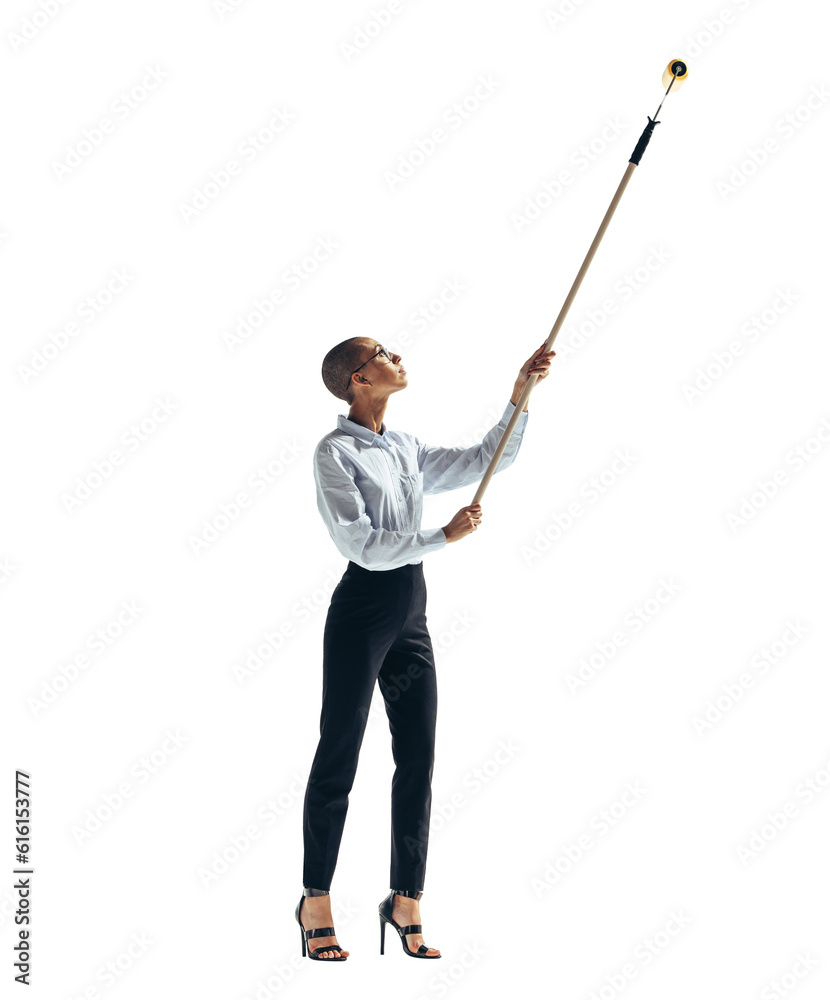 Innovative businesswoman painting the wall with a roller on a transparent background