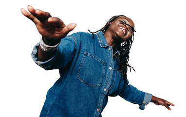 Mature black woman having fun with her arms outstretched on a transparent background