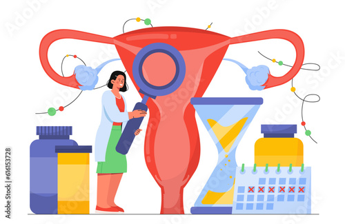 Woman with loupe examining uterus concept