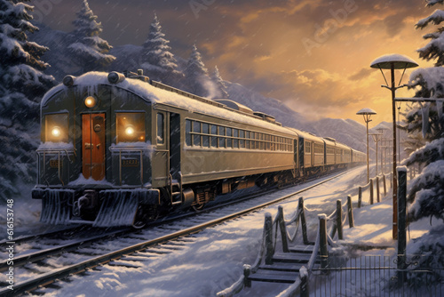 vintage train runs on a railroad in the mountains during a snowfall in winter, Christmas holiday concept