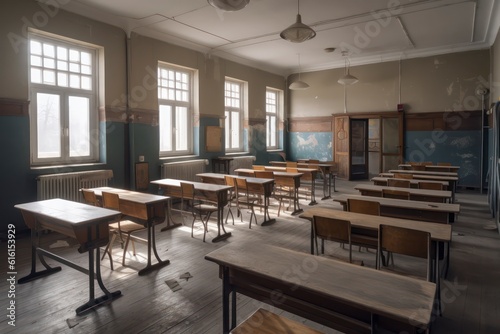 Photo classroom with school desks and greenboardempty school classroom. Generative AI