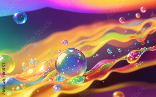 Abstract background with multicolored liquid transparent paint bubbles. Modern decorative colorful background. Generative AI
