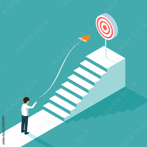 The businessman throws an orange paper plane to the top step stair and the Dart. Setting goals to achieve the business concept.  Vector illustration isometric flat design.
