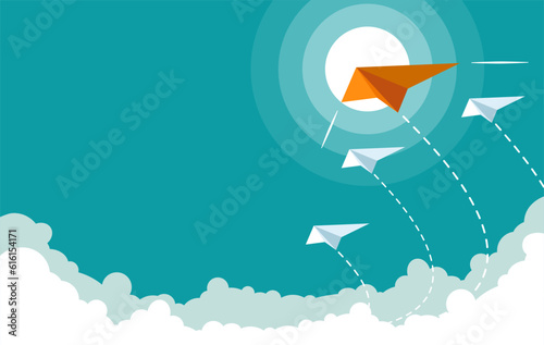 Origami orange paper plane leads to success. Startup, creative idea, business financial concept. Vector illustration for banner, poster, and background.	
