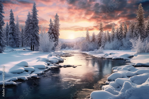 landscape, river and forest in the snow in the winter