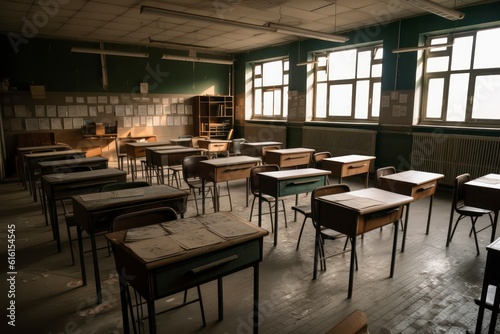 Photo classroom with school desks and greenboardempty school classroom. Generative AI