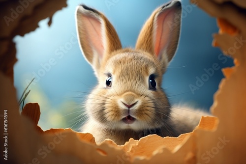 Whimsical Rabbit Peeking Through Ripped Hole. Generative AI ©  Creative_studio