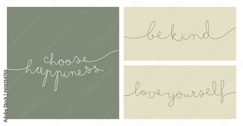 Positive thinking and affirmations phrases collection. Vector line art illustration set. Choose happiness, be kind, love yourself linear text isolated on green gray background.