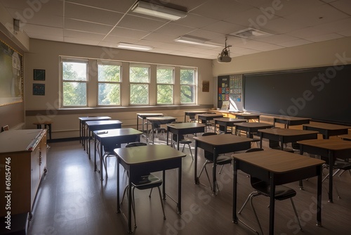 Photo classroom with school desks and greenboardempty school classroom. Generative AI