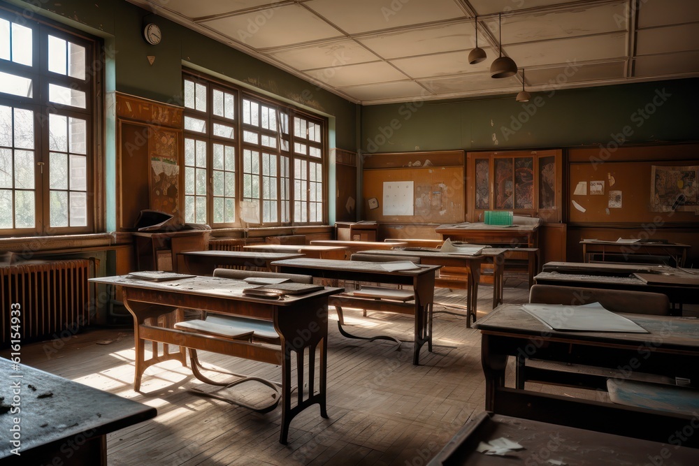 Photo classroom with school desks and greenboardempty school classroom. Generative AI