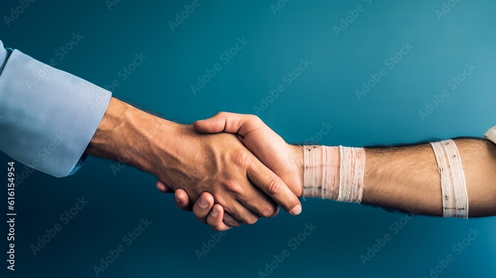 Bandaid on arm on blue background Bandaid on arm on blue background
