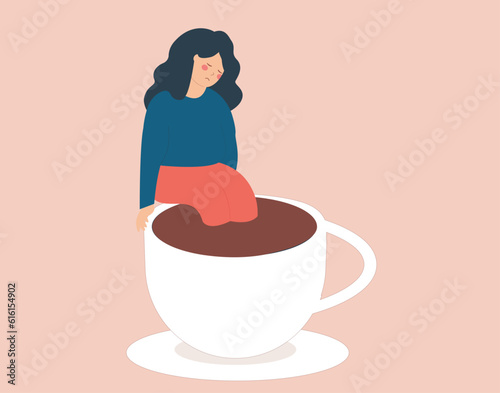 Sad woman looks tired and suffers from a caffeine addiction. Stressed girl sits on the edge of a coffee cup. depressed female inside a mug needs to drink café. Coffee addiction concept. Vector stock