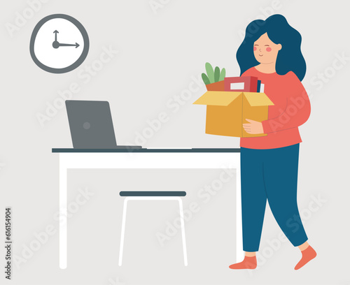 Happy employee holds a big box with her stuff. Woman feels happy because of her new job position. Female worker promoted at work and goes to her new office. Business start up and career concept.