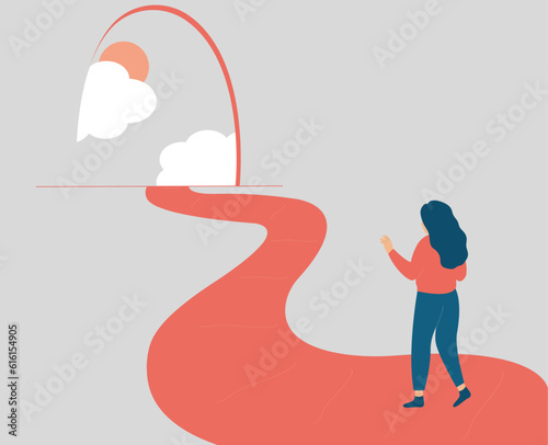 Woman makes the first step to her life goals and objectives. Female goes forward to freedom and independence. Woman trying to get rid of stress or depression. Personal growth and development concept.