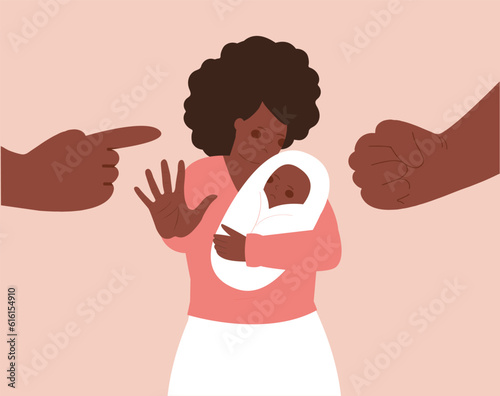 African American mother protects her child from a man's fist and finger that threat them. Concept of family abuse, domestic violence, motherhood, negative parenting, Stop bullying women. Vector stock