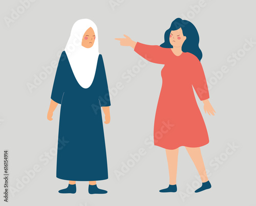 Woman blames and accuses a woman with hijab. Muslim female feeling sad due to abuse and harassment. Stop violence and bullying. Concept of verbal assault, discrimination and stereotype. Vector stock.