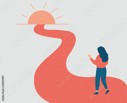 Strong woman makes the first step to her life goals. Confident female goes forward to freedom and independence. Woman trying to achieve her dreams, objectives. Personal growth and development concept.