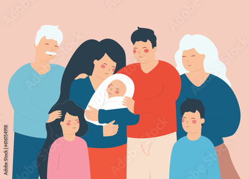 Portrait of happy big family composed of grandparents, parents, children and a baby. Three generations stand, take a picture, and embrace together. Concept of family connection. Vector illustration