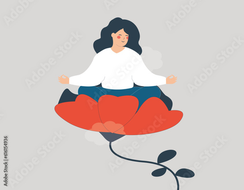 Happy woman practicing yoga and sitting in lotus pose inside a big flower. Female girl meditates, inhales and exhales to get rid of stress and depression. Concept of positive body and mental health.