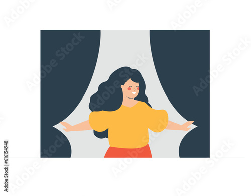 Happy woman stretching her arms near the open window, breathing fresh air in the morning. Optimistic girl person doing relaxation exercises to get rid of stress and depression. Positive body concept.