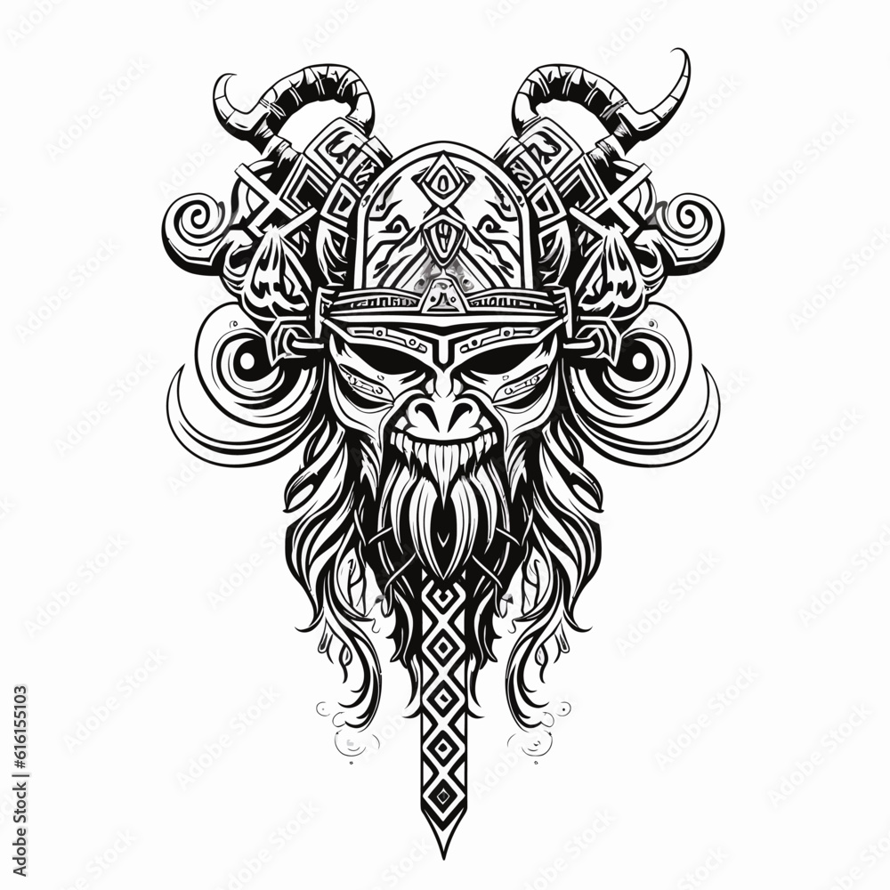 Viking head art tattoo in black and white