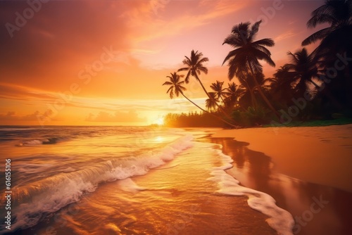 sunset on the beach, Coastal Tranquility: A Breathtaking Photograph of a Vibrant Sunset over a Serene Tropical Beach with Palm Trees and Gentle Waves, a National Geographic Masterpiece