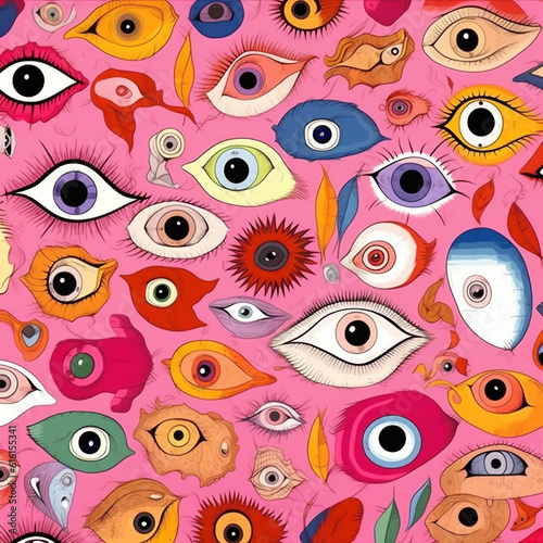 woman eye blue abstract seamless doodle background illustration pattern pink design. Generative AI.