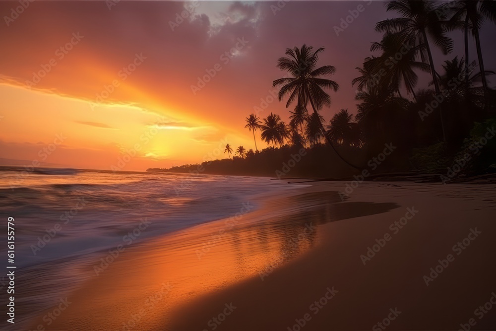 sunset on the beach, Coastal Tranquility: A Breathtaking Photograph of a Vibrant Sunset over a Serene Tropical Beach with Palm Trees and Gentle Waves, a National Geographic Masterpiece