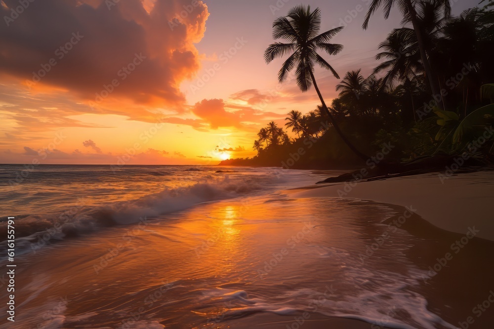 sunset on the beach, Coastal Tranquility: A Breathtaking Photograph of a Vibrant Sunset over a Serene Tropical Beach with Palm Trees and Gentle Waves, a National Geographic Masterpiece