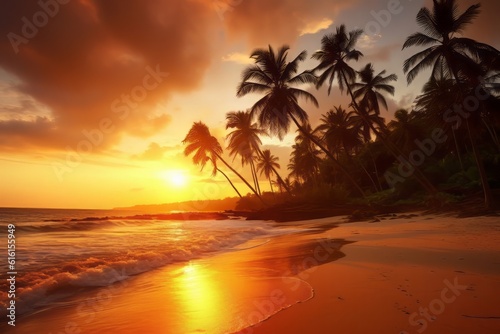 sunset on the beach  Coastal Tranquility  A Breathtaking Photograph of a Vibrant Sunset over a Serene Tropical Beach with Palm Trees and Gentle Waves  a National Geographic Masterpiece